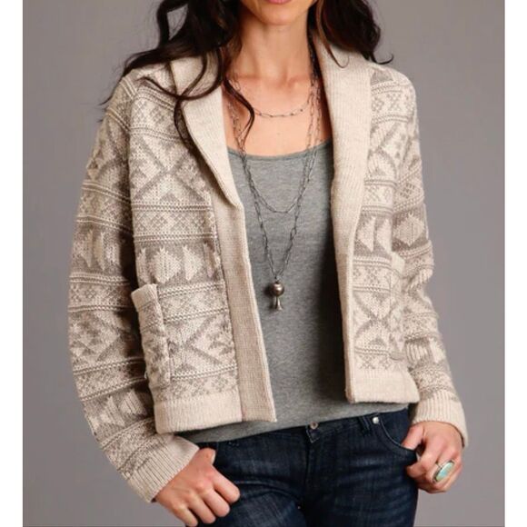 NWOT Stetson Wool Blend Cropped Shawl Collar Aztec Inspired Cardigan Women's XS - Picture 1 of 11